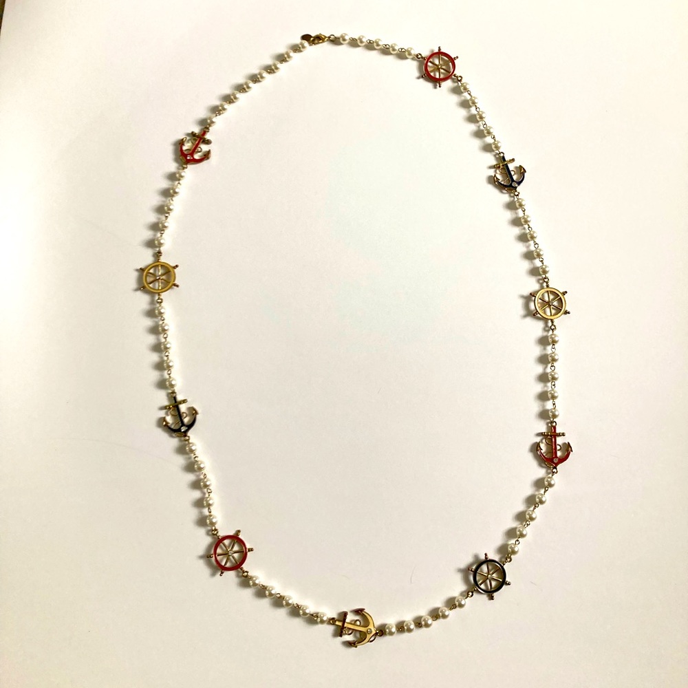 Red White Blue & Pearl Long Strand Anchor Ship Wheel Necklace 4th of July